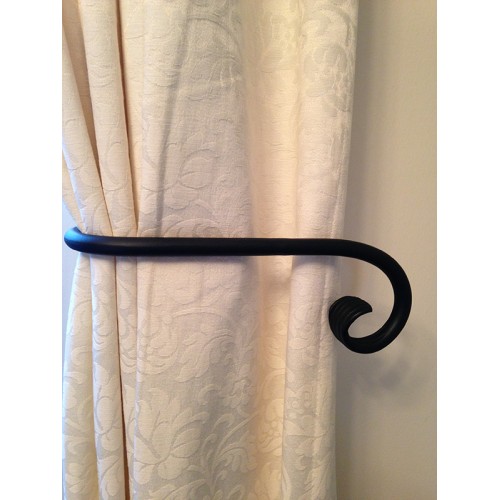 A Pair of Hand Forged Black Wrought Iron Tie Backs with Scroll ...